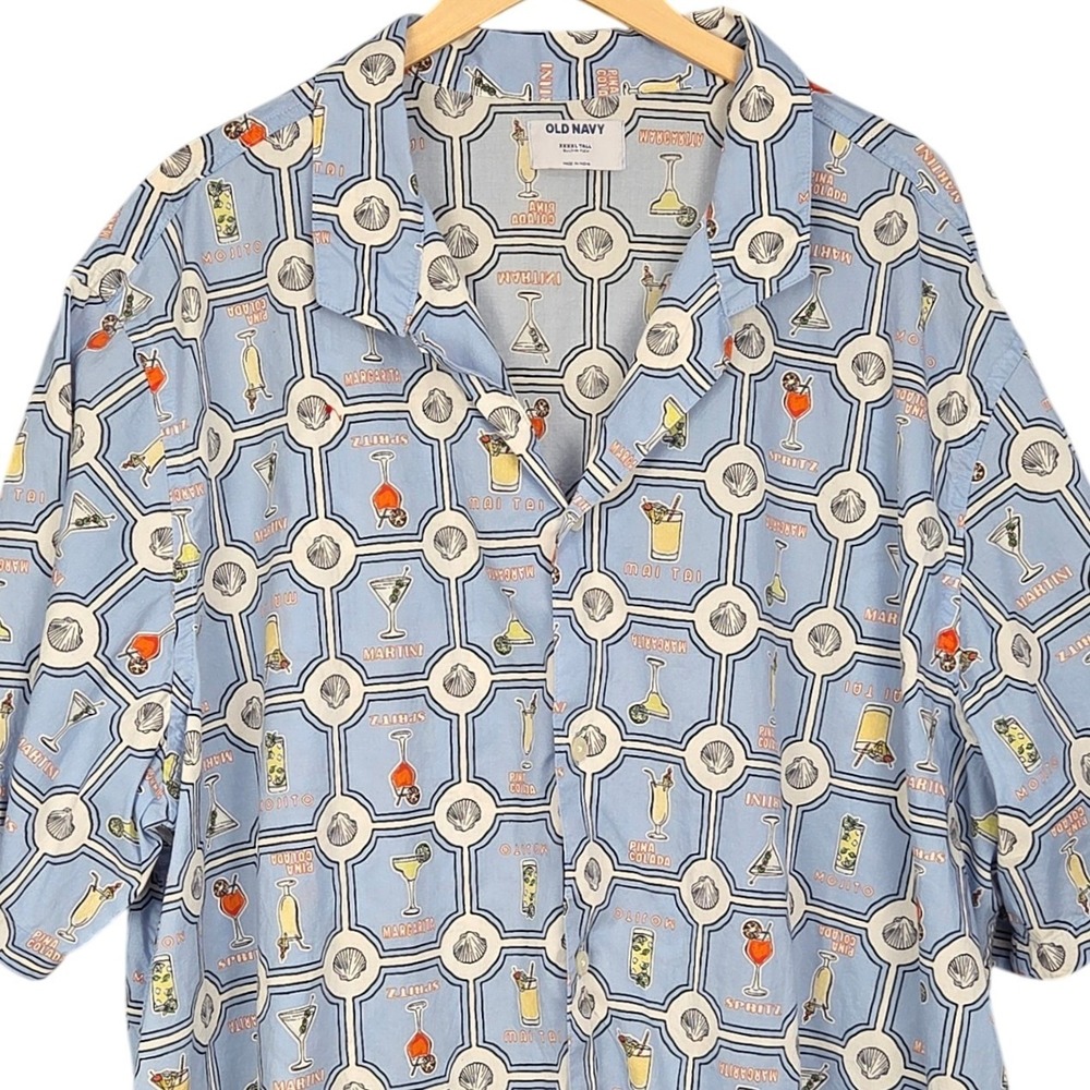 Old Navy Button Up Camp Shirt Men 4XL Tall Blue Cocktail Flex Short Sleeve Beach